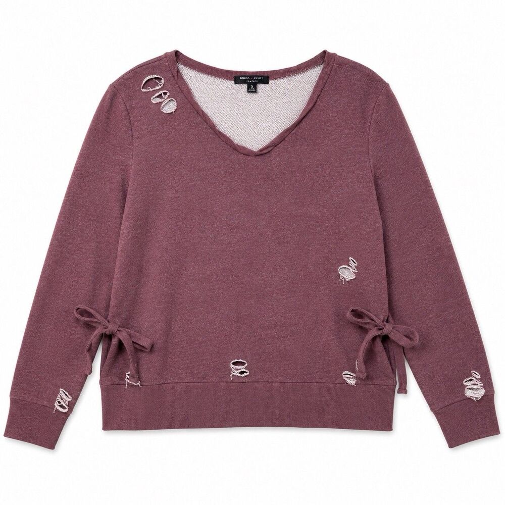 Romeo and Juliet Women's Distressed Side Tie Sweatshirt Heather Maroon SZ S NWOT